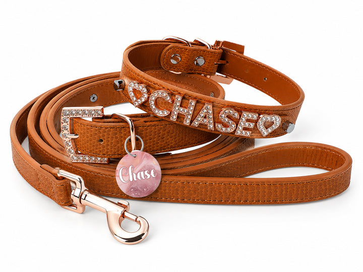 Personalized Collar | Saddle Brown and Rose Gold