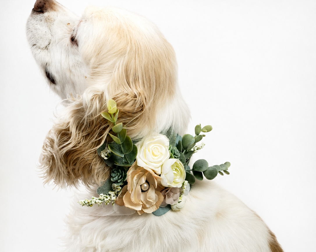 Dog wearing a floral collar on a white background