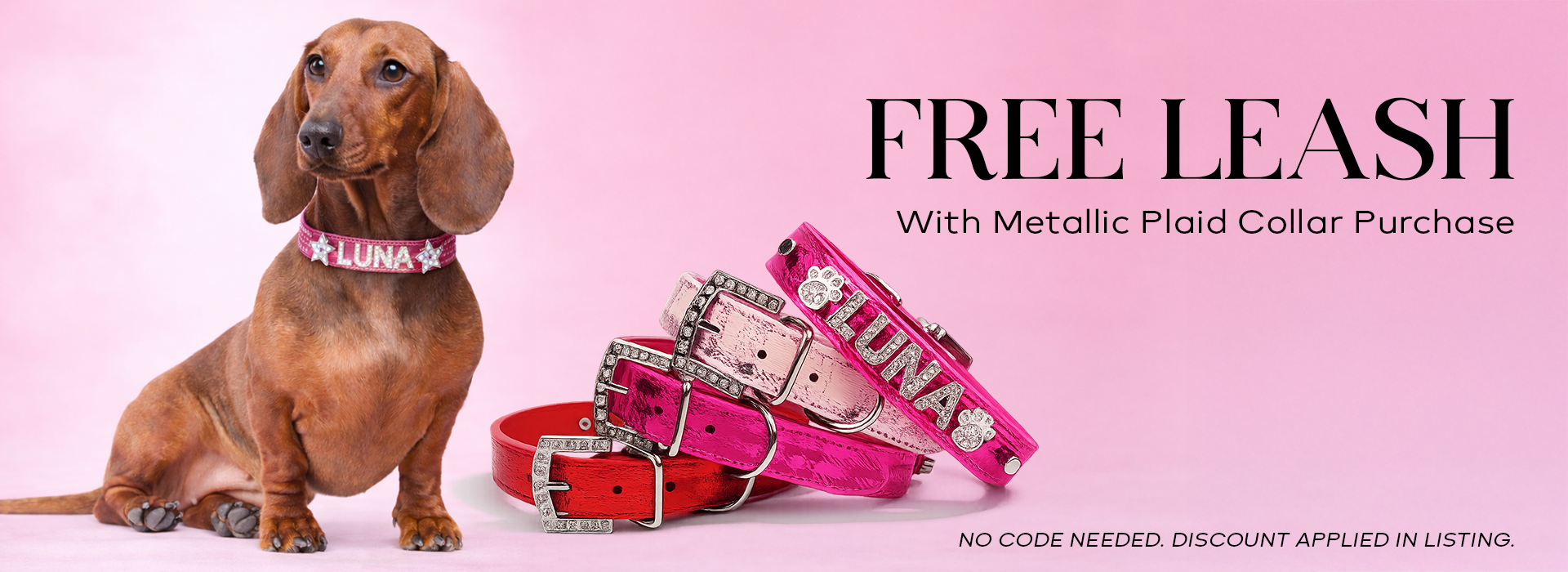 Dog wearing a metallic plaid collar with 'Luna' on a pink background, accompanied by matching leash and collar set.