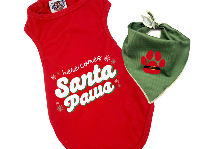 Christmas Dog Tee & Bandana Combo | Here Comes Santa Paws