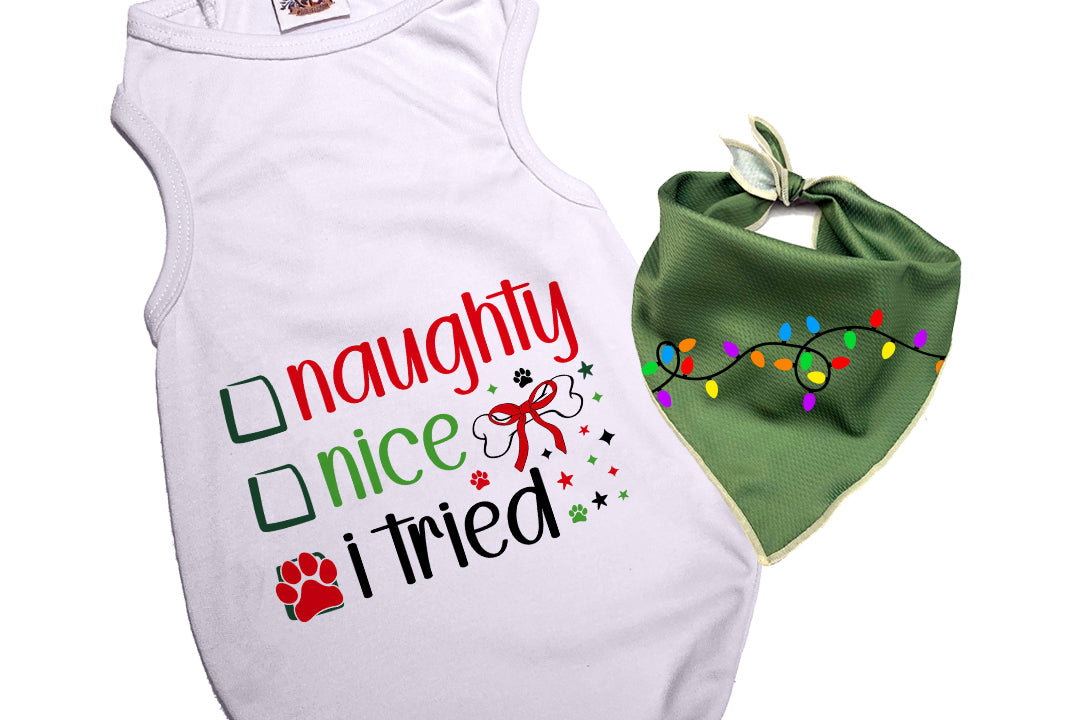 Christmas Dog Tee & Bandana Combo |  Naughty Nice List