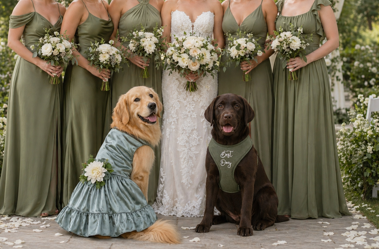Bride with bridesmaids in green dresses and two dogs in matching outfits outdoors.