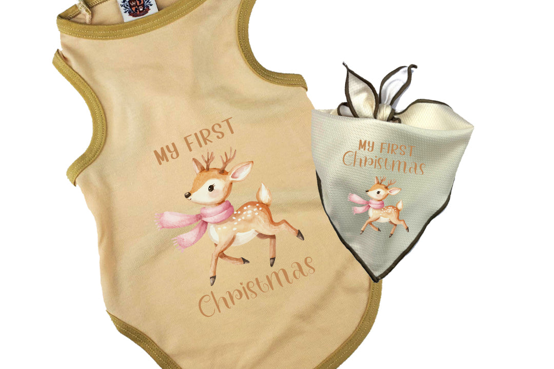 Christmas Dog Tee & Bandana Combo |  First Christmas Winter Deer