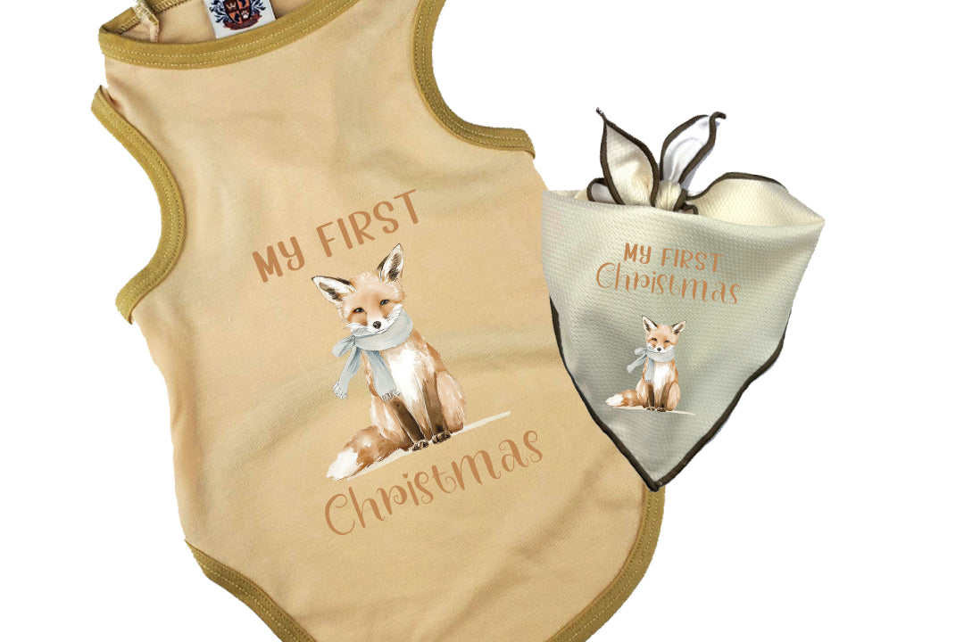 Christmas Dog Tee & Bandana Combo |  First Christmas Winter Fox