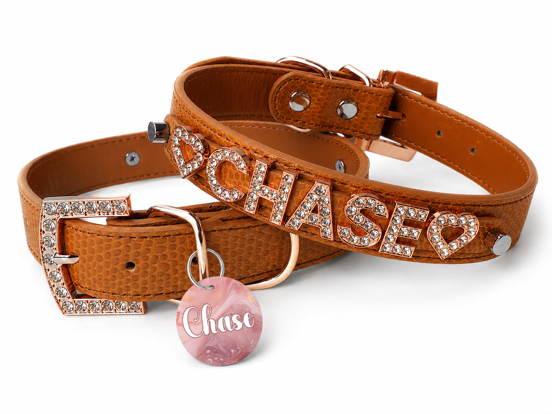 Personalized Collar | Saddle Brown and Rose Gold