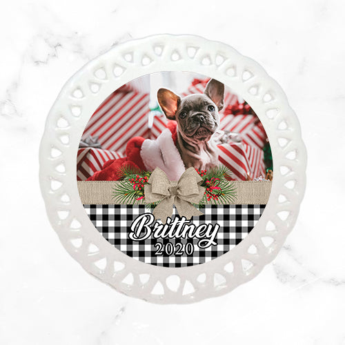 Personalized Christmas Ornament | Black And White Buffalo Plaid