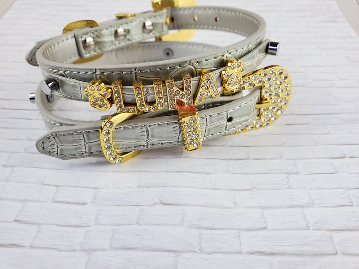 Pearl Pewter croc collar with gold buckle
